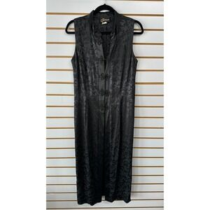 Vintage Carina Oriental Vest Size 12 Sleeveless Black Ornate Long Kimono Duster